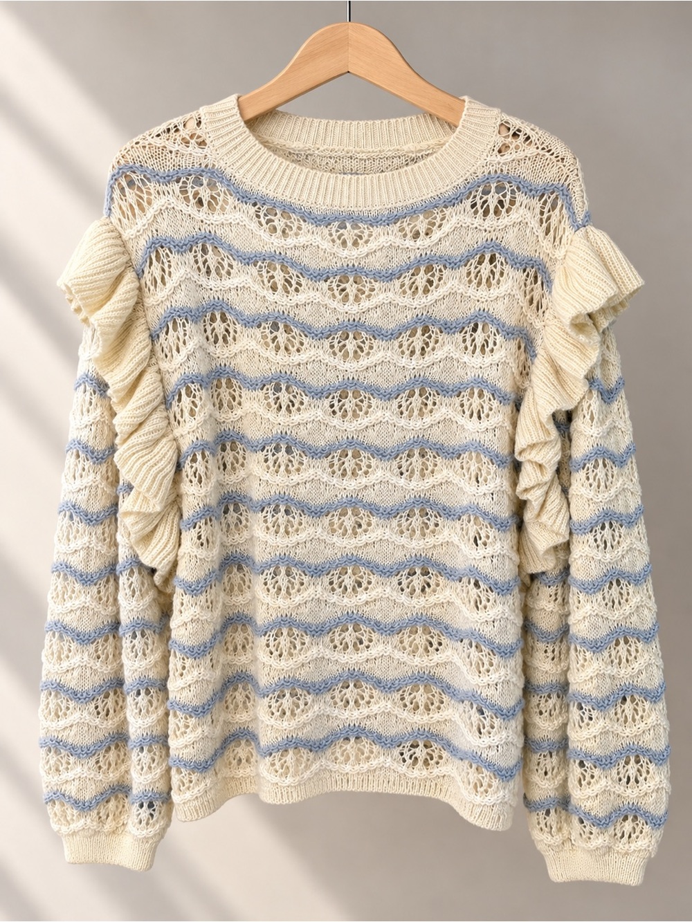 Zara girls 11-12 Cream Open-Knit Ruffle-Sleeve Sweater with Blue Stripes